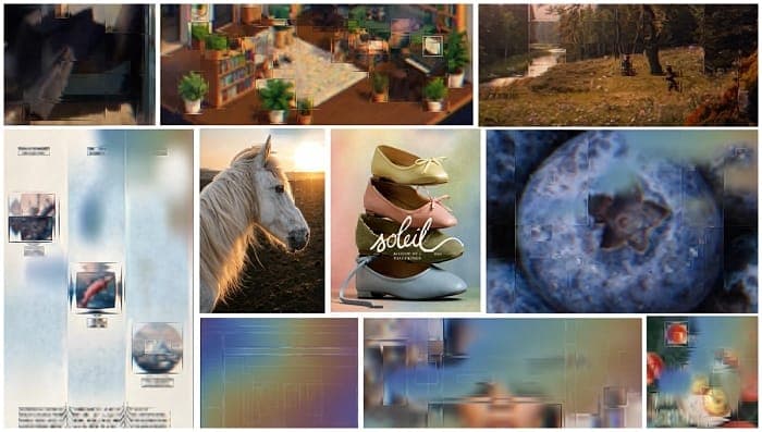 The image is a collage of nine distinct photographs, each with its own unique style and color palette. The photos are arranged in a 3x3 grid, with the top row featuring a close-up of a person's face, a small indoor scene with a table and chairs, and a landscape with a winding path and trees. The middle row showcases a