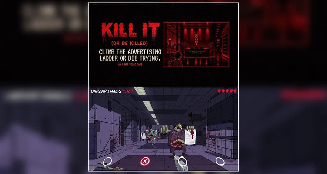 A promotional image for the 8-bit video game "KILL IT (OR BE KILLED)" with the tagline "CLIMB THE ADVERTISING LADDER OR DIE TRYING." and a red-lit office lobby with the "HOLLOW & VANE ADVERTISING" sign on the right. The lower half is a gameplay screenshot with a "UNREAD EMAILS 4,367" HUD, heart health icons, and zombie