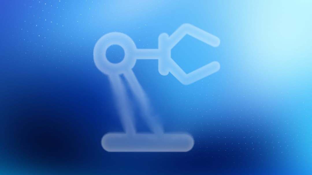 The image presents a digital illustration of a robotic arm, rendered in a translucent white color against a gradient blue background. The arm is composed of two main parts: a circular head and a claw-like hand. The head is positioned at the top, while the hand is located at the bottom, extending downwards. The arm is d