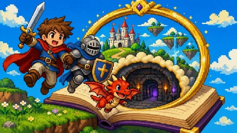 The image depicts a pixel art scene featuring a young boy in a blue and red cape, holding a sword, and a knight in a blue and gray suit, both in mid-air. They are positioned above an open book with a purple cover, which is set against a backdrop of a green landscape with a castle in the distance. The castle is surround
