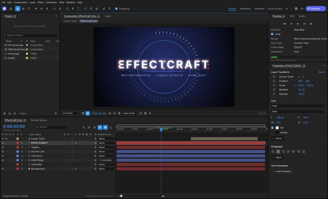 The image shows a video editing software interface, likely from Adobe Premiere, displaying a video editing project titled "EFFECTCRFT". The project is in the "Layer" and "Preview" tabs, and is currently in the "Layer Intro" tab. The video has a title card with the title "EFFECTCRFT" and a subtitle "Motion Graphics - Vi