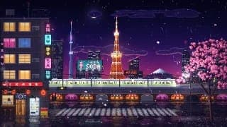 The image depicts a vibrant cityscape at night, rendered in a pixel art style. The city skyline features a tall tower, likely the Tokyo Skytree, with a red and white sign reading "TOKYO 500M". The cityscape is illuminated by a variety of colorful lights, including neon signs and streetlights, creating a lively atmosphe