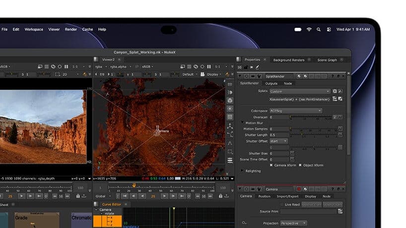 A MacBook Pro screen shows NukeX with the compositing file 'Canyon_Splat_Working.nk' open, including a 3D canyon render in the viewer and a SplatRender properties panel. The menu bar reads 'Wed Apr 1 9:41 AM'.