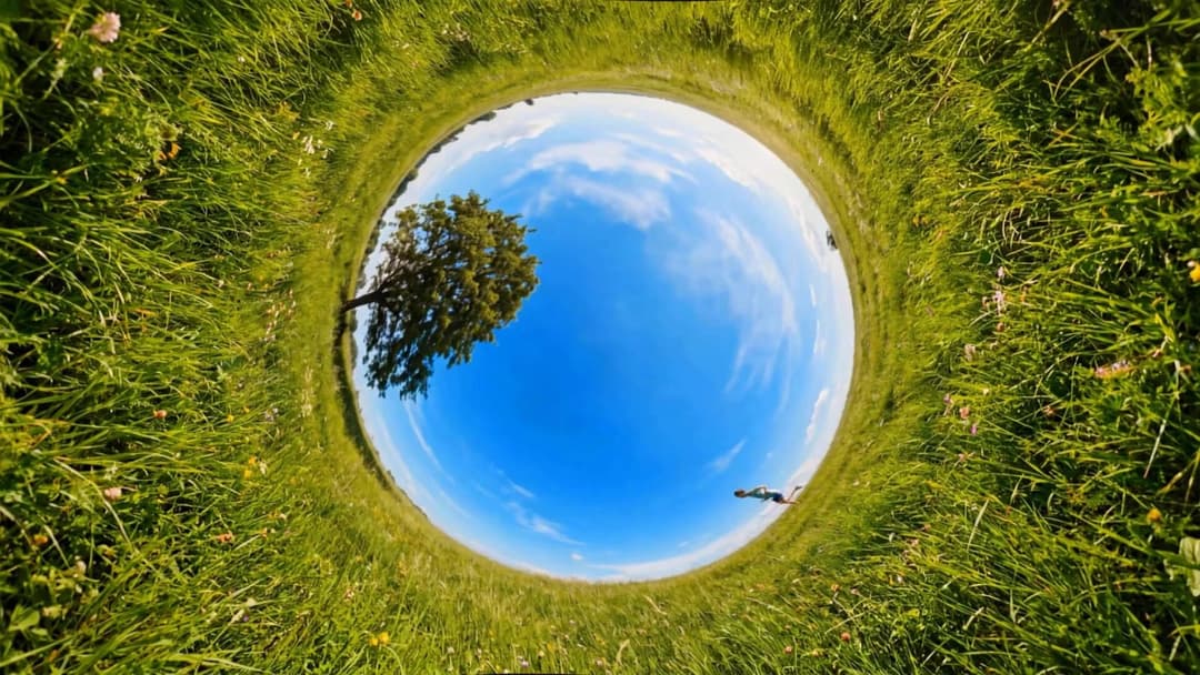 The image presents a serene scene of a field of tall, vibrant green grass, with a few small yellow flowers scattered throughout. The field is framed by a circular lens flare, creating a unique perspective that distorts the image. The lens flare is a result of the camera's rotation, adding a sense of depth and dimension