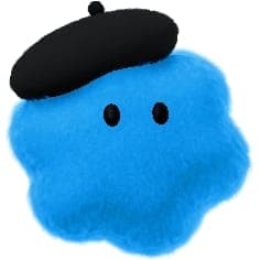 The image presents a whimsical scene dominated by a blue, cloud-like shape. The cloud is adorned with a black beret, adding a touch of whimsy to its design. The cloud is outlined in black, giving it a distinct shape against the black background. The cloud is centrally positioned in the image, drawing the viewer's atten