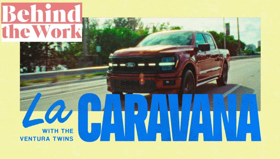The image is a vibrant collage featuring a red Ford F-150 pickup truck in motion on a highway. The truck is driving away from the viewer, with its headlights illuminating the road ahead. The background includes a mix of trees and buildings, suggesting a suburban or urban setting. The image is framed by a yellow border,