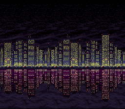 The image presents a cityscape at night, rendered in a pixel art style. The city skyline is composed of numerous buildings, each with a unique color and shape, creating a vibrant and dynamic scene. The buildings are primarily illuminated in shades of yellow and orange, with some also having a pinkish hue. The city is r