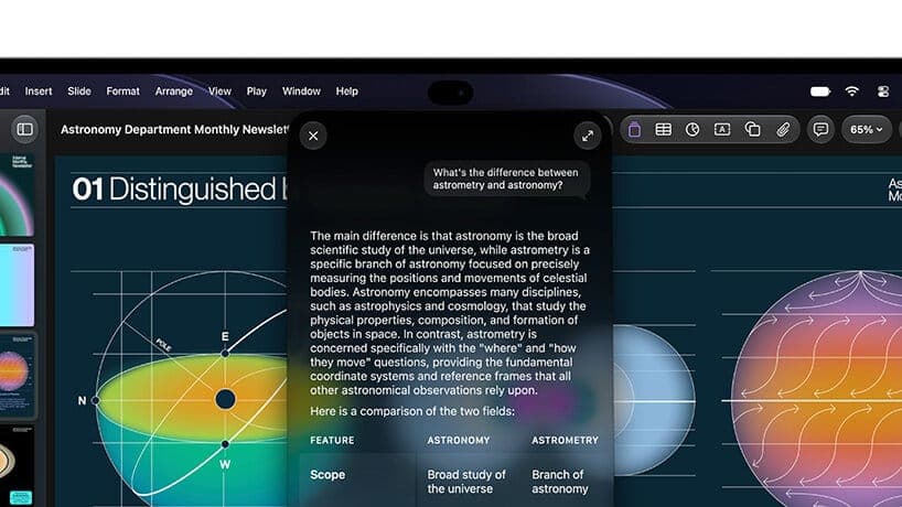 A presentation app, likely Keynote, shows an 'Astronomy Department Monthly Newsletter' slide with an AI assistant panel answering 'What's the difference between astrometry and astronomy?' The menu bar shows Insert, Slide, Format, and Arrange.