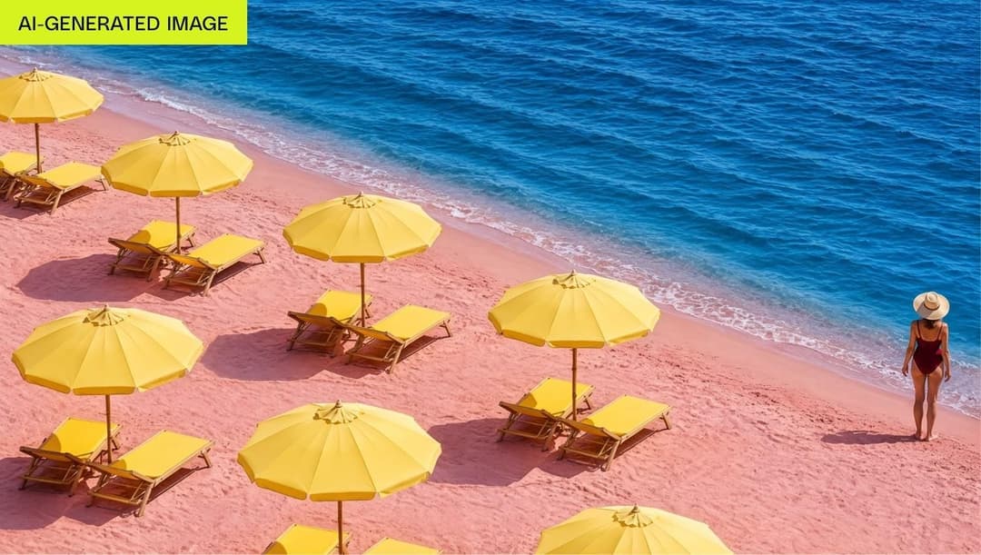 The image depicts a serene beach scene with a woman in a red swimsuit standing on the right side, facing the vast expanse of the deep blue ocean. The beach is dotted with numerous yellow umbrellas and lounge chairs, arranged in a pattern that creates a sense of order and symmetry. The sand on the beach is a light pink