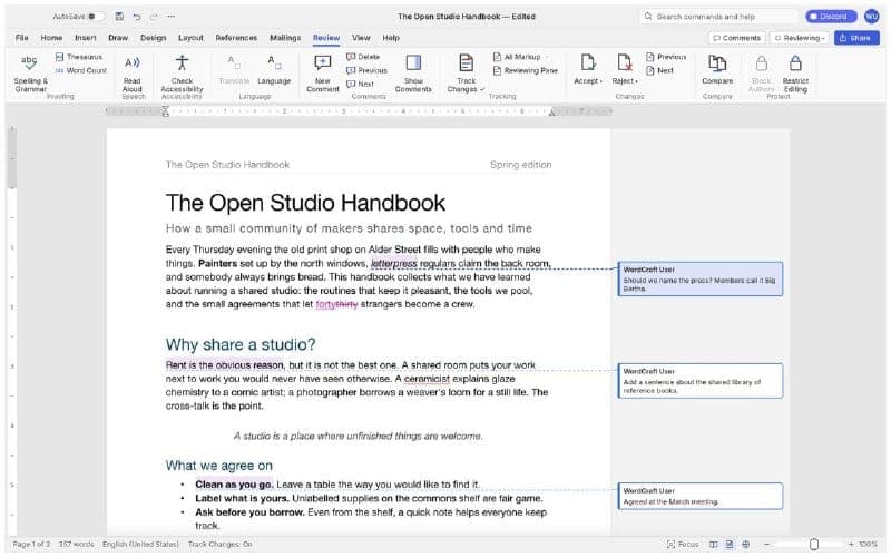 The image shows a screenshot of a Microsoft Word document in the "The Open Studio Handbook" editing program. The document is titled "The Open Studio Handbook" and is in the "Spring edition" format. The document is open to a page titled "Why share a studio?" and is in the "Edit" mode. The page displays a paragraph of te
