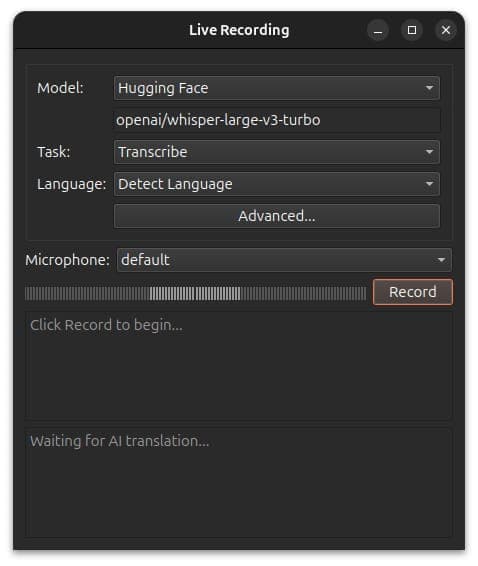 The image shows a screenshot of a live recording application. The application is housed in a dark gray or black window with a white border. The title "Live Recording" is displayed at the top. Below the title, the application features a menu with three options: "Model", "Task", and "Language". The "Model" option is set