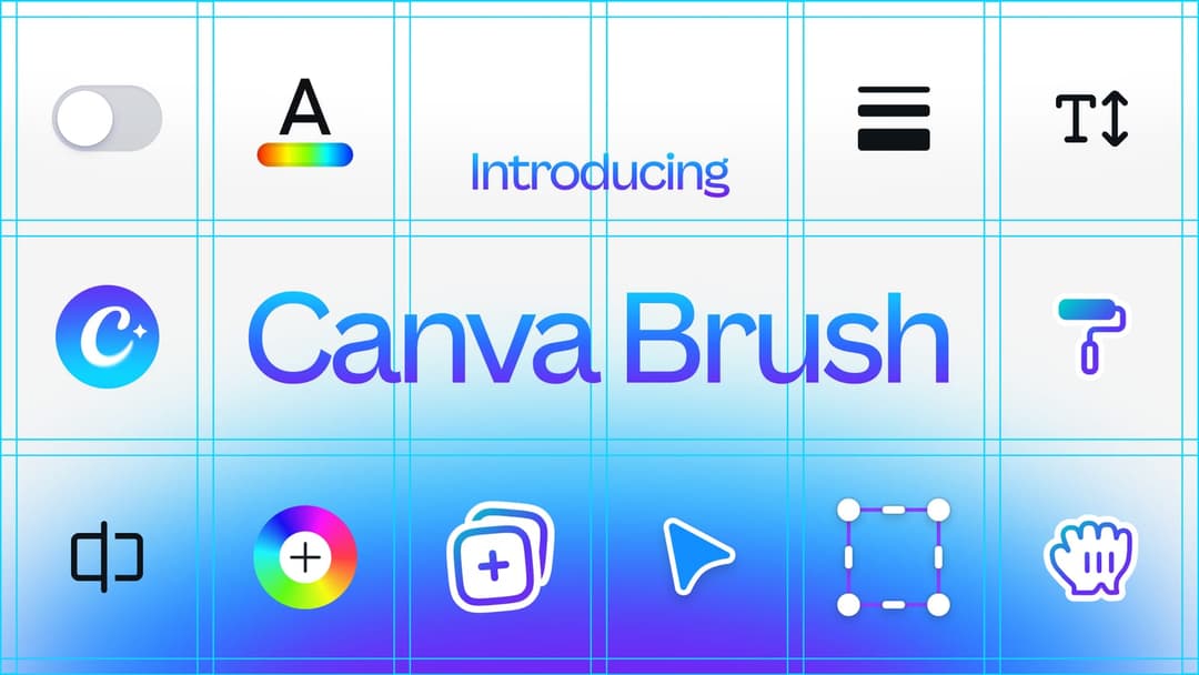A grid-style graphic on a white and blue gradient with the text 'Introducing Canva Brush' shows tool icons including a toggle, a text color tool, an alignment icon, a color wheel, a selection box, a cursor, and a paint roller. The Canva AI logo appears at the left of the title.
