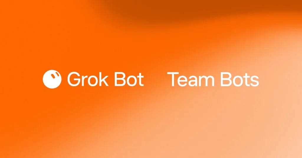 The image presents a vibrant orange gradient background with a subtle, soft orange hue. Dominating the center of the image is a white logo, consisting of a circle with a small white dot inside, and the text "Grok Bot" written in a sans-serif font. To the right of the logo, the text "Team Bots" is written in a smaller,