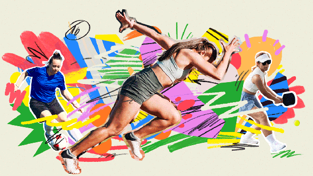 The image is a vibrant collage featuring three female athletes in action. The central figure is a woman in a gray tank top and shorts, running with determination. To her left, a woman in a blue shirt and shorts is captured mid-jump, her body stretched out in a dynamic pose. On the right, another woman in a white shirt