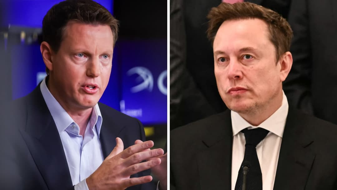 The image presents a split-screen view of two men in suits, each captured in a different moment. On the left, a man in a dark suit and light blue shirt is gesturing with his hands, suggesting he is in the midst of a conversation. On the right, a man in a dark suit and white shirt is looking off to the side, possibly li