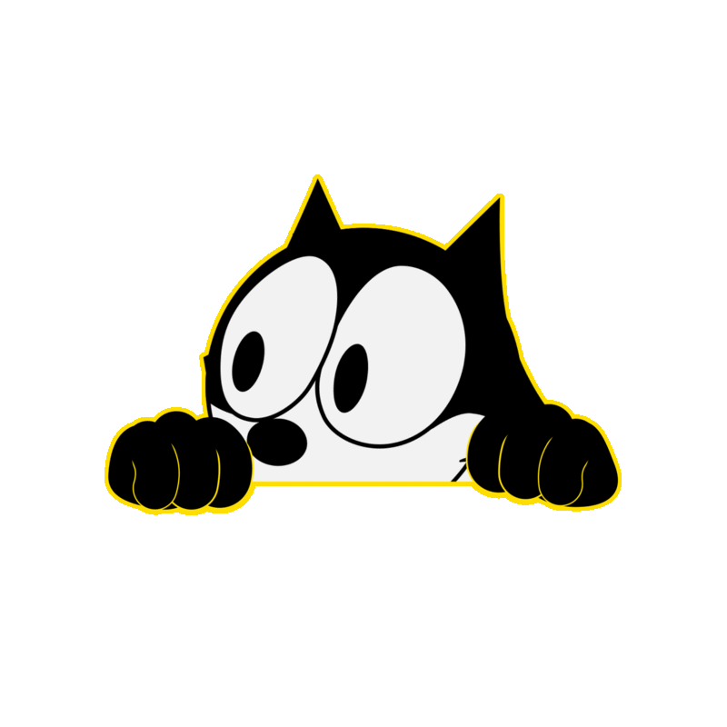 The image depicts a cartoon cat with a black and white color scheme. The cat's face is outlined in yellow, and it has large, round eyes with black pupils and white irises. The cat's nose is black, and its mouth is slightly open. The cat's paws are visible, and it appears to be peeking over a black surface. The cat's ea