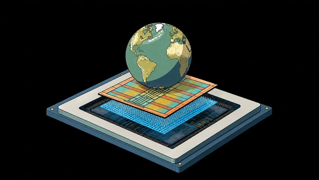 The image presents a 3D rendering of a computer chip, likely a CPU, with a blue and white patterned surface. The chip is resting on a white rectangular base, which is placed on top of a green and yellow striped surface. The green and yellow surface is topped by a globe of Earth, which is positioned centrally in the ima