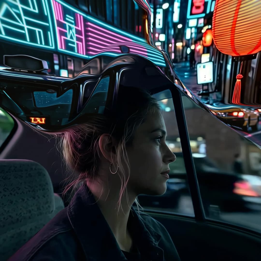 A woman with hoop earrings and her hair pulled back looks out the window of a car at night, with neon signs, a red paper lantern, and blurred traffic in the city street outside. Visible text includes a small orange illuminated display on the dashboard, and the image has a glossy, warped distortion effect. No brand is v