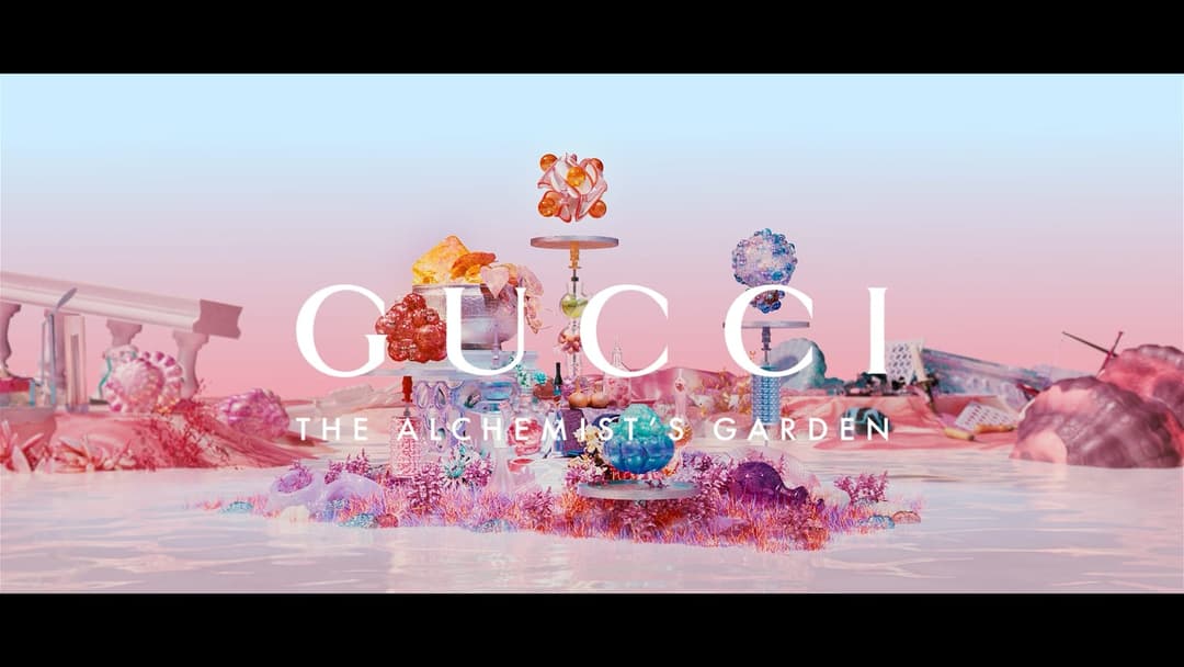 The image presents a surrealistic scene set in a body of water. Dominating the center of the image is a floating island, adorned with a variety of colorful objects, including a large, ornate, multi-colored structure, a pink and white striped structure, and a pink and white striped structure. The island is surrounded by