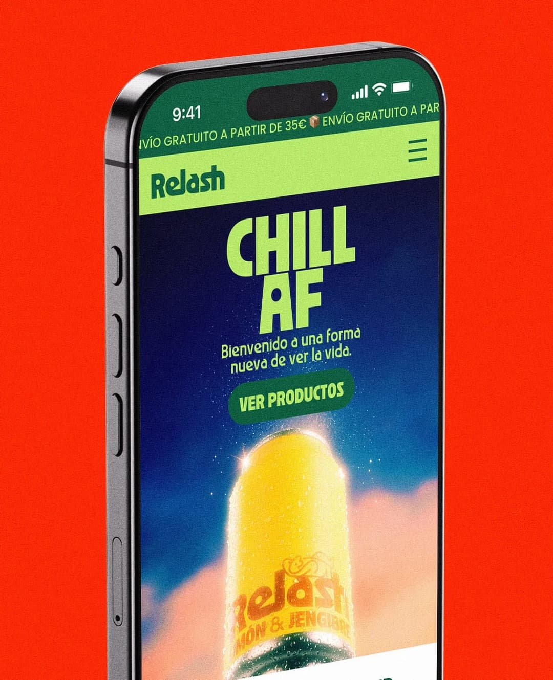 The image shows a black iPhone displaying the Relash brand website. The website features a vibrant yellow can of Relash lemon & jengibre, with a blue sky and clouds in the background. The text on the website, written in Spanish, reads "Relash CHILL AF" and "Bienvenido a una forma nueva de ver la vida. VER PRODUCTOS", w