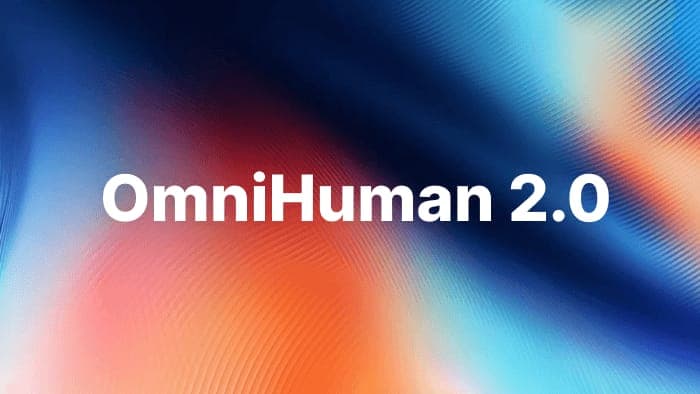 The image presents a vibrant digital art piece featuring the text "OmniHuman 2.0" in bold white letters against a dynamic background of swirling colors. The background is a blend of blue, orange, and pink hues, creating a sense of movement and energy. The text is centrally positioned, drawing the viewer's attention to