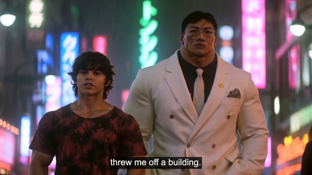 The image shows two men walking on a city street at night. The man on the left is wearing a dark red/burgundy tie-dye shirt and has dark, curly hair. The man on the right is wearing a white suit and has dark, short hair. The background is a blur of colorful neon signs and buildings, creating a vibrant and lively atmosp