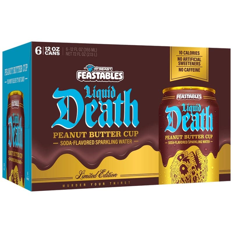 The image shows a six-pack of Mr.Beast's Liquid Death Peanut Butter Cup soda, a limited edition product. The six-pack is presented in a brown cardboard box with a gold and blue design. The box features a gold and blue design with the words "Peanut Butter Cup" and "Liquid Death" in white text. The box also indicates tha