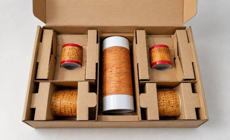 The image shows a cardboard box with a white interior, open and displaying a collection of items. The box is divided into six compartments, each containing a cylindrical object with a white top and a red bottom. The objects appear to be ceramic or porcelain, with a design that resembles a tree trunk or bark pattern. Th