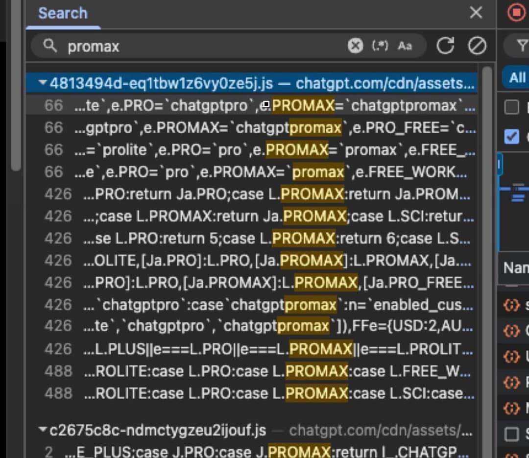 The image shows a screenshot of a text editor displaying a string of code. The code is written in a simple, block-style font and is centered on the screen. The code includes a search function, `promax`, and a string template, `${promax}`, which is being evaluated. The code is also marked with a checkmark and a plus sig