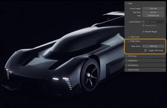 The image presents a sleek, futuristic-looking car rendered in a dark gray or black color. The car is positioned in the center of the frame against a stark black background. The car's design is angular and futuristic, with a pointed nose and a curved roofline. It has a large rear wing and a prominent front spoiler. The