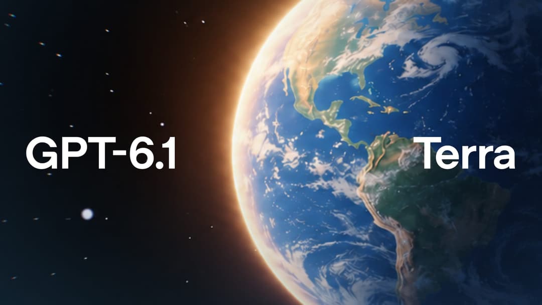 A photorealistic view of Earth from space, showing the Americas and a swirling storm system against a dark starfield, with a glowing sunlit edge on the left. The visible white bold sans-serif text reads "GPT-6.1" on the left and "Terra" on the right.