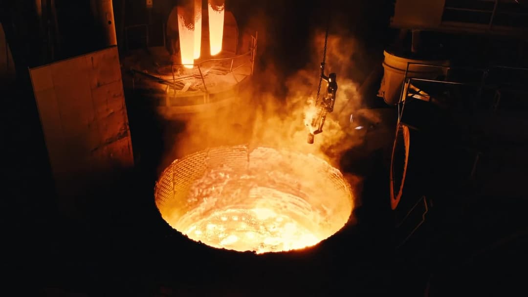 The image captures a scene at a metalworking facility, where a large, circular furnace is the central focus. The furnace is filled with glowing orange and yellow flames, and a person is suspended from a rope, holding a tool that appears to be used for manipulating the flames. The furnace is surrounded by a dark, possib