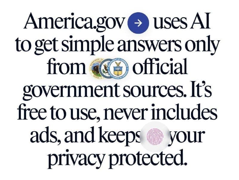 The image presents a text-based graphic with a white background. The text, written in a black serif font, reads: "America.gov uses AI to get simple answers only from official government sources. It's free to use, never includes ads, and keeps your privacy protected." The text is arranged in a vertical stack, with the f