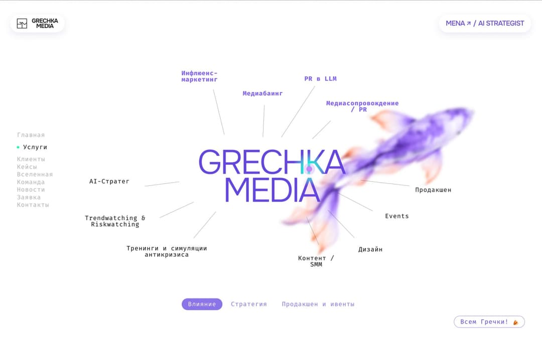 A white website hero screen for Grechka Media, with a Russian-language radial menu of services (e.g., "Инфлюенс-маркетинг", "PR в LLM", "Продакшен", "Events", "Дизайн") around the purple "GRECHKA MEDIA" logo and a purple flame-like graphic. The navigation includes "MENA / AI STRATEGIST" and "Всем Гречки!".