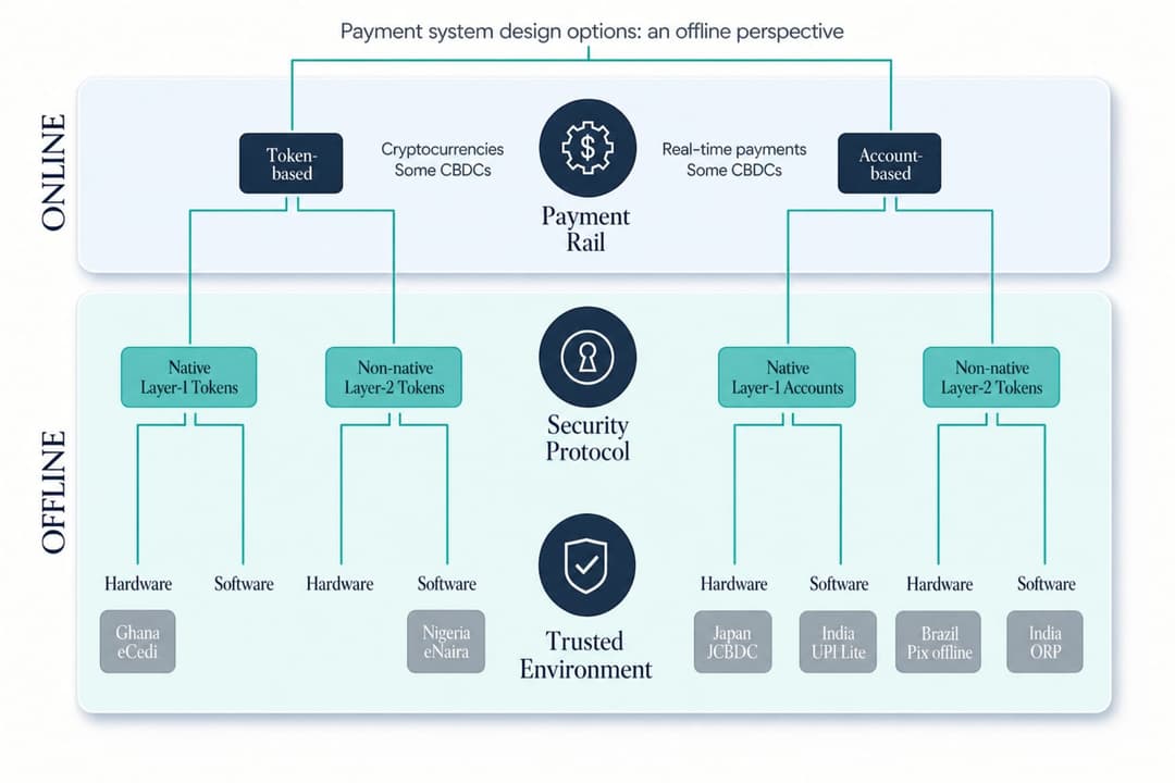 A flowchart titled "Payment system design options: an offline perspective," split into ONLINE (Token-based and Account-based payment rails) and OFFLINE (security protocol and trusted environment) sections. Offline branches are labeled Hardware/Software and name examples such as Ghana eCedi, Nigeria eNaira, Japan JCBDC,