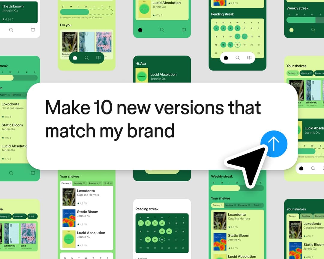The image presents a collage of nine mobile app screenshots, each showcasing a different app with a unique color scheme and design. The central focus is a white box with a blue button that reads "Make 10 new versions that match my brand". The app names and their corresponding colors are displayed in a grid format withi