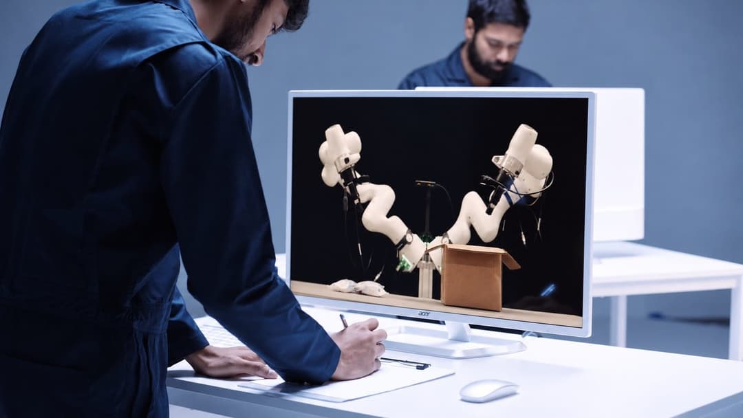 The image shows two men working in a studio setting. The man on the left is wearing a blue jumpsuit and is focused on writing on a piece of paper in front of a computer monitor. The monitor displays a 3D rendering of robotic arms interacting with a cardboard box. The man on the right is also wearing a dark blue shirt a