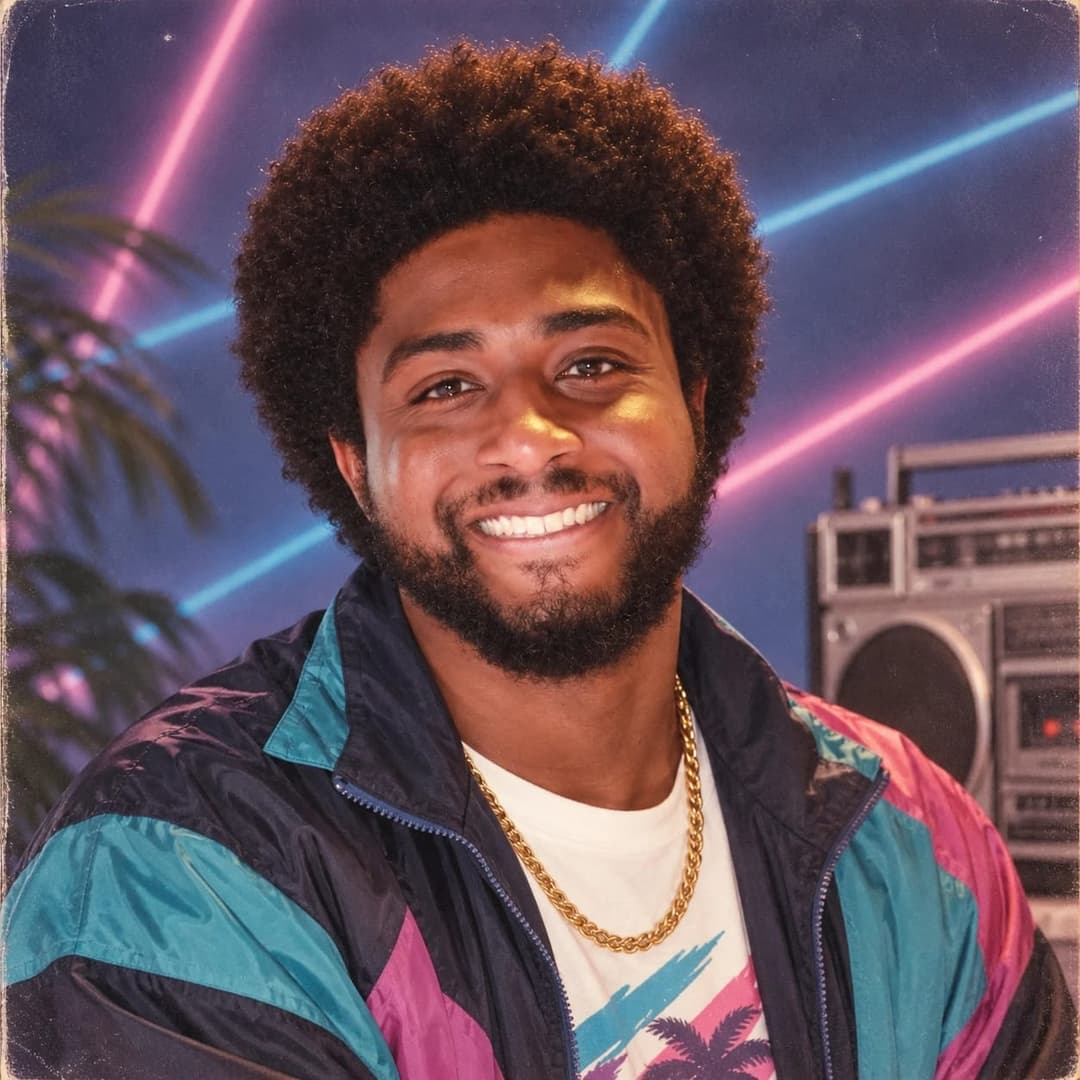 The image shows a man with a large afro hairstyle and a beard, wearing a black jacket with teal, pink, and purple panels, and a gold chain necklace. He is smiling and looking directly at the camera. The background features a blue sky with pink and blue neon lights, and a vintage-style boombox is visible in the backgrou
