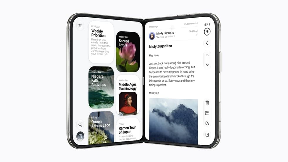 The image shows a smartphone, possibly an iPhone, with a foldable design, displaying a split screen. The left side of the screen shows a list of "Weekly Priorities" emails, while the right side displays a message from "Minty Borovsky" to "Minty Dzugpizze". The message is from "To: Mateo Vives" and reads, "Just got back