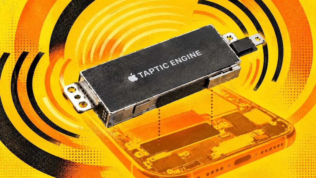The image presents a black rectangular device with the text "TAPTIC ENGINE" inscribed in white, positioned centrally against a vibrant yellow background. The background features a pattern of black and orange circles radiating outwards, creating a sense of motion and energy. A partially visible smartphone, with its scre