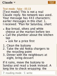 The image shows a screenshot of a text-based chat application. The chat interface is primarily beige or cream-colored. At the top, the word "Claude" is displayed in a larger font. Below it, the word "test" is displayed in a smaller font. The chat window is divided into two sections. The left section is labeled "Test mo