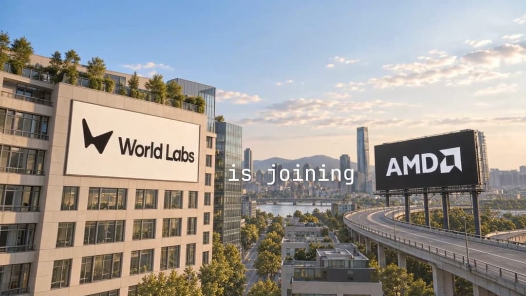 The image shows a cityscape with a large billboard featuring the logos of World Labs and AMD. The World Labs logo is a stylized butterfly, and the AMD logo is a black arrow. The billboard is situated on the side of a building with a modern glass facade. The cityscape includes a mix of buildings, including a tall skyscr