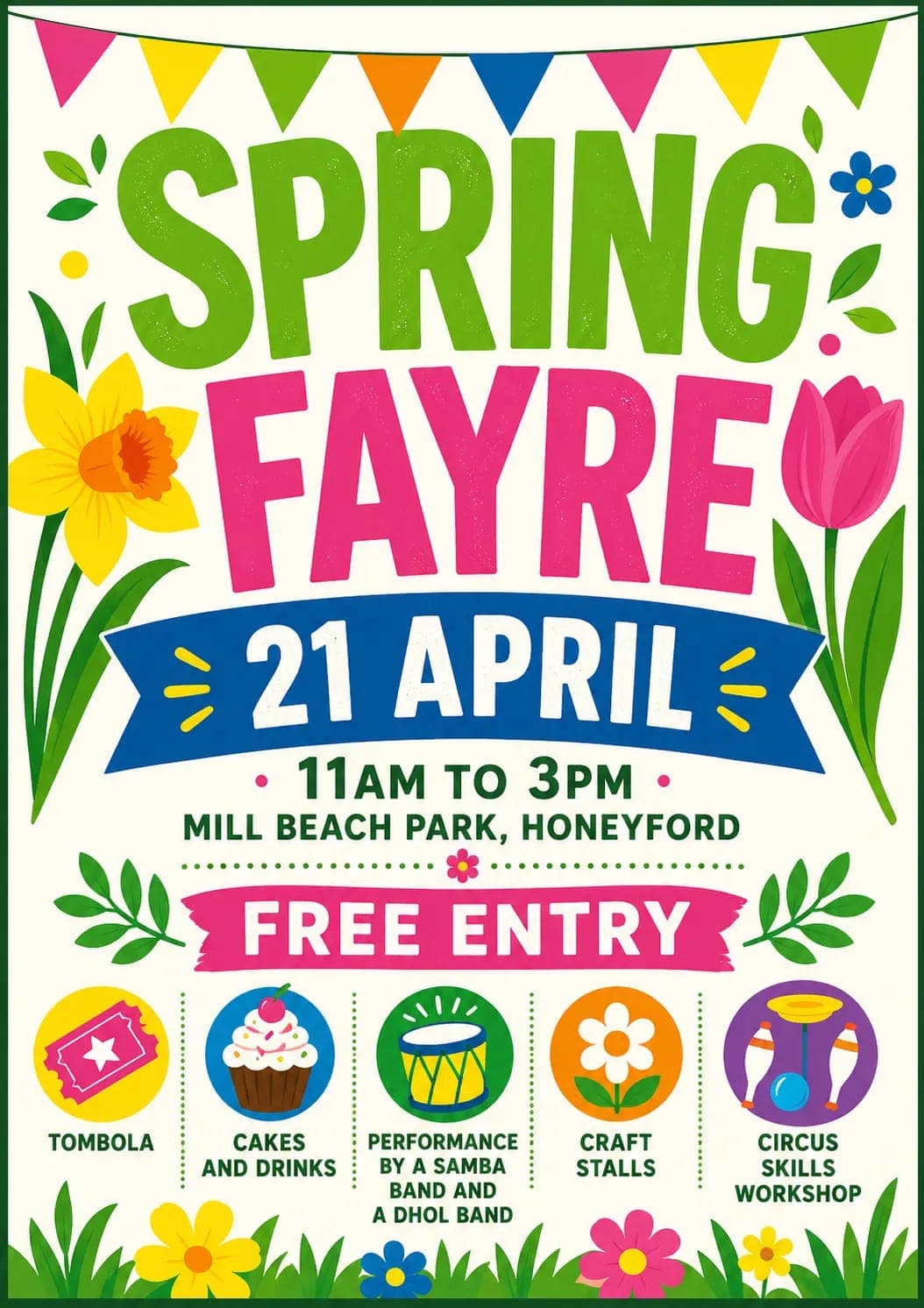 The image is a vibrant poster for the Spring Fayre, scheduled for April 21st. The poster is predominantly white with a blue banner at the top that reads "SPRING FAYRE" in bold, pink letters. The banner also features a decorative blue ribbon with a yellow outline. Below the banner, the date "21 APRIL" is prominently dis