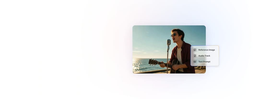 The image shows a man standing on a wooden deck, singing into a microphone. He is wearing a maroon or dark red jacket and sunglasses. The background features a serene ocean and a clear blue sky. The image is presented in a pop-up window with a white background, and it includes three menu options: "Reference Image", "Au