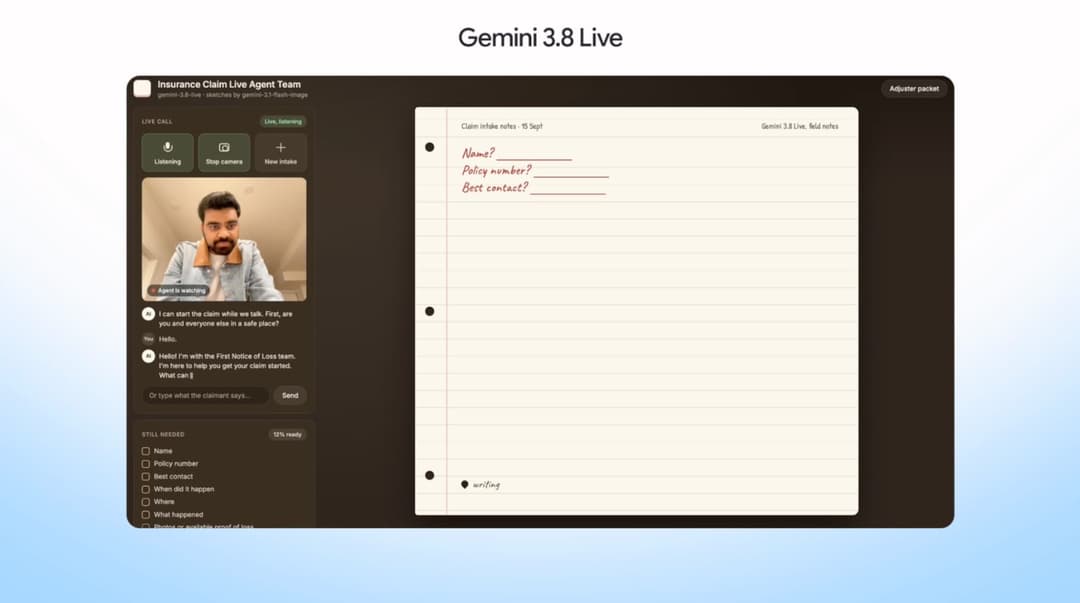 The image shows a screenshot of a Gemini 3.8 Live video call interface. The interface is primarily dark brown or black, with a light blue background. The top of the screen displays the text "Gemini 3.8 Live". The left side of the screen shows a video call interface with a video call, a live call, and a listening interf
