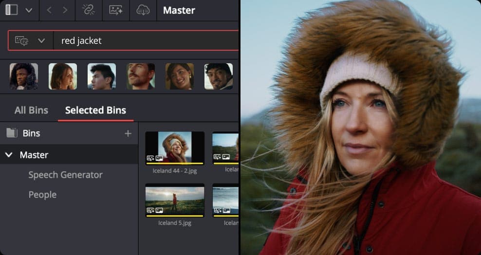 The image is a split image, with the left side showcasing a video editing interface and the right side featuring a woman wearing a red jacket and a fur-lined hat. The video editing interface displays a selection of "All Bins" and "Selected Bins" options, along with a "Master" option. The left side of the interface show