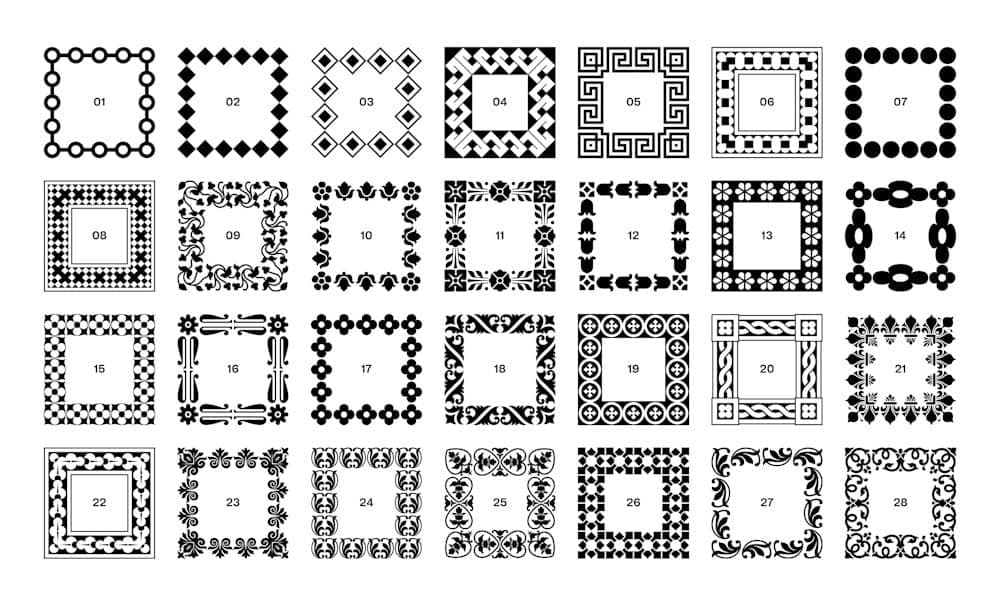 The image presents a collection of sixteen square frames, each with a unique black and white geometric pattern. The frames are arranged in a grid-like pattern, with four rows and four columns. Each frame is numbered from 01 to 06, starting from the top left and moving across the rows. The patterns within each frame var