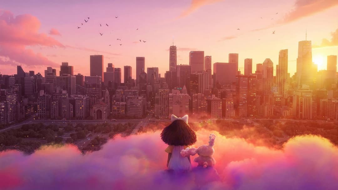 The image depicts a young girl with dark hair, wearing a white dress and a white bow, standing on a cloud-like formation in the foreground. She is holding a small, light-colored stuffed animal, possibly a bunny or rabbit. The girl is facing a cityscape that stretches out behind her, with tall buildings of various color