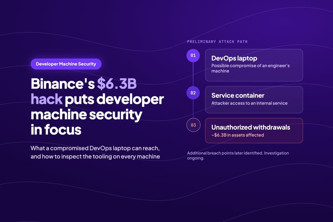 The image presents a digital infographic titled "Preliminary Attack Path" against a dark purple background with a subtle wave pattern. The infographic is divided into three sections, each representing a different stage of a potential attack. The first section, labeled "DevOps laptop", details a possible compromise of a