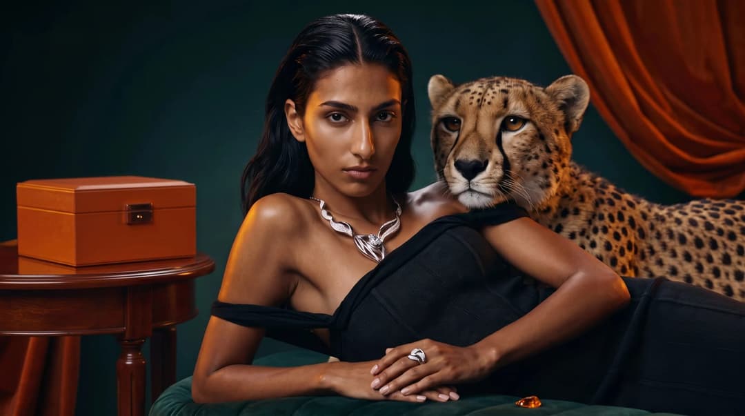 The image shows a woman reclining on a dark green couch, wearing a black dress and a silver necklace. She is positioned in front of a large, light brown or tan cheetah, which is lying on its side beside her. The woman has dark hair and is wearing a ring on her left ring finger. The setting is a room with a dark green w